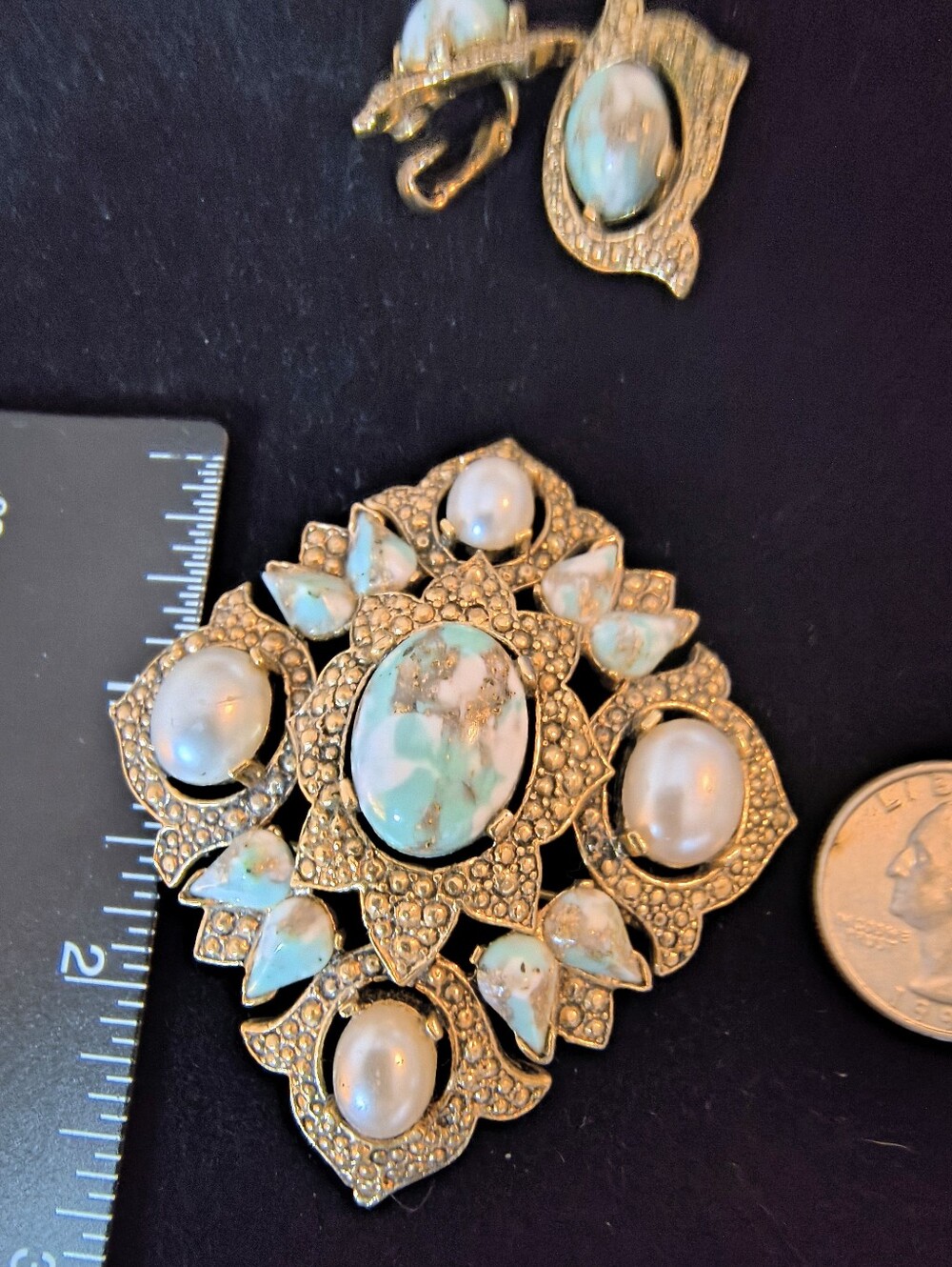 Vintage Sarah Coventry Fashion Splendor Brooch Earring Set Faux Turquoise Faux - Picture 7 of 8